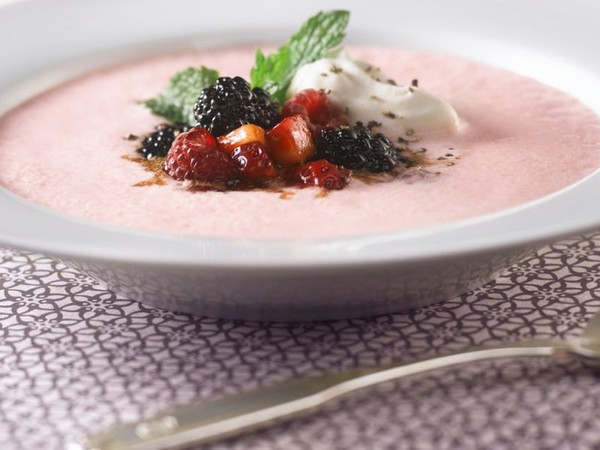Chilled Strawberry Soup with Drunken Berries and Peppered Whipped Cream